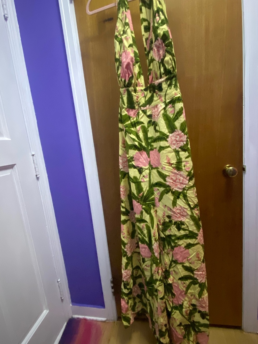 NWT Aguabendita! Yellow and Pink Floral Halter wide leg pant/Jumpsuit. Backless